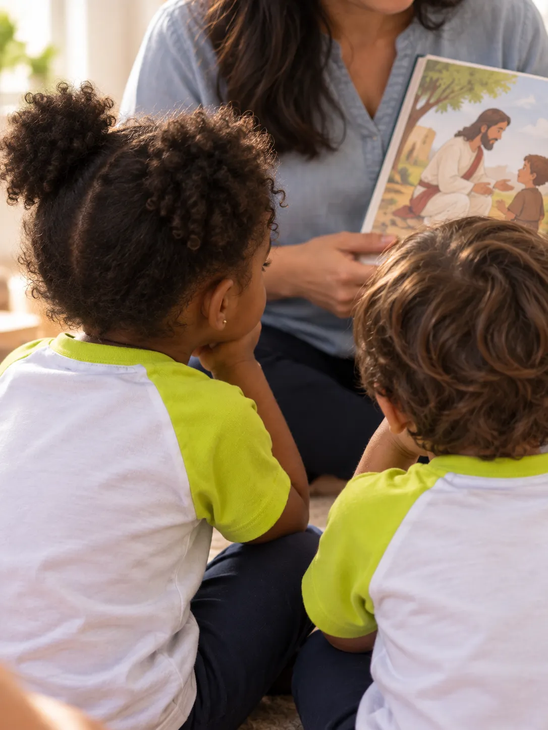Cena ilustrativa: professora lendo uma história bíblica para duas crianças